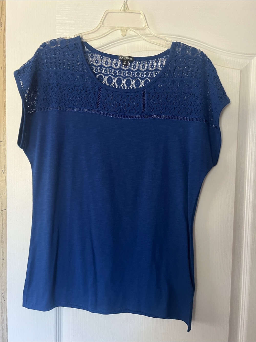 Hannah Royal Blue Crochet Yoke Short Sleeve Top